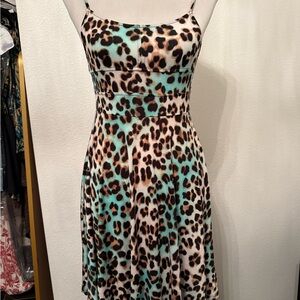 Turquoise Leopard Print Spaghetti Strap Dress